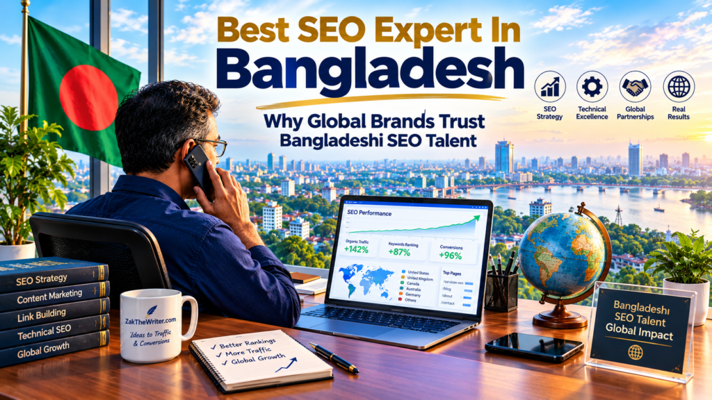 SEO expert in Bangladesh managing global search strategy and analytics dashboard from desk overlooking Dhaka skyline